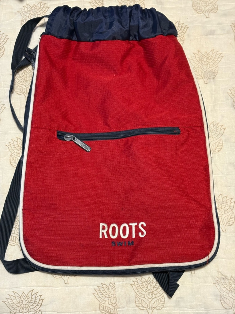 Roots Red and Navy Drawstring Swim Backpack